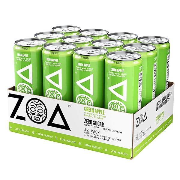 ZOA ZERO SUGAR ENERGY DRINKS, GREEN APPLE – SUGAR FREE WITH ELECTROLYTES, HEALTHY VITAMIN C, AMINO ACIDS, ESSENTIAL B-VITAMINS, AND CAFFEINE FROM GREEN TEA – 12 FL OZ (12-PACK)
