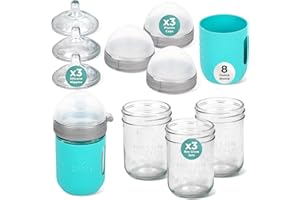 Mason Bottle Baby Glass Bottles Gift Set - Includes 3X Anti Colic Glass Baby Bottle 8 oz, 3X Slow Flow Nipple, 3X Cap+Ring, 1x Silicone Sleeve - BPA Free, Non Toxic Glass Feeding Bottles for Babies