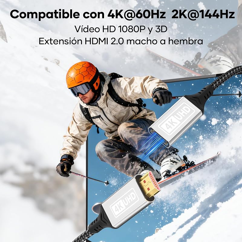 Cabo de extensão HDMI, 1m 4K@60Hz 2K@144Hz HDMI 2.0, cabo de nylon trançado macho para fêmea, alta velocidade, 18 Gbps, UHD ARC HDR, HDCP 2.2, compatível com TV Stick, HDTV, PS5, PS4 — foto 3 de 7