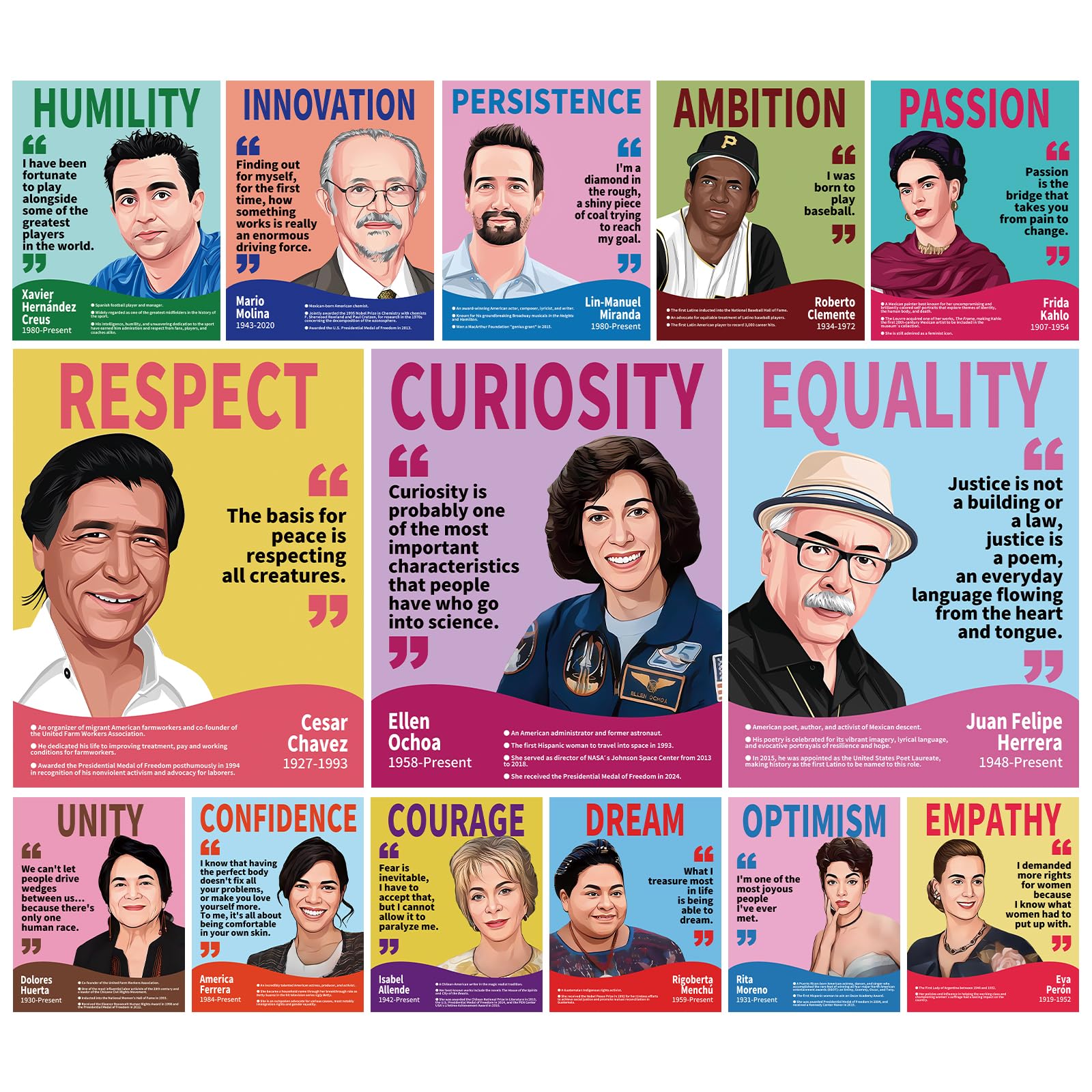 Photo 1 of Arosche Hispanic Heritage Month Decorations Posters 14pc English Motivational Posters Famous Latino Hispanic People Inspirational Positive Quotes Poster for Indoor Outdoor Home, School, Classroom, Bulletin Board, Wall, Hallway, Window Decor