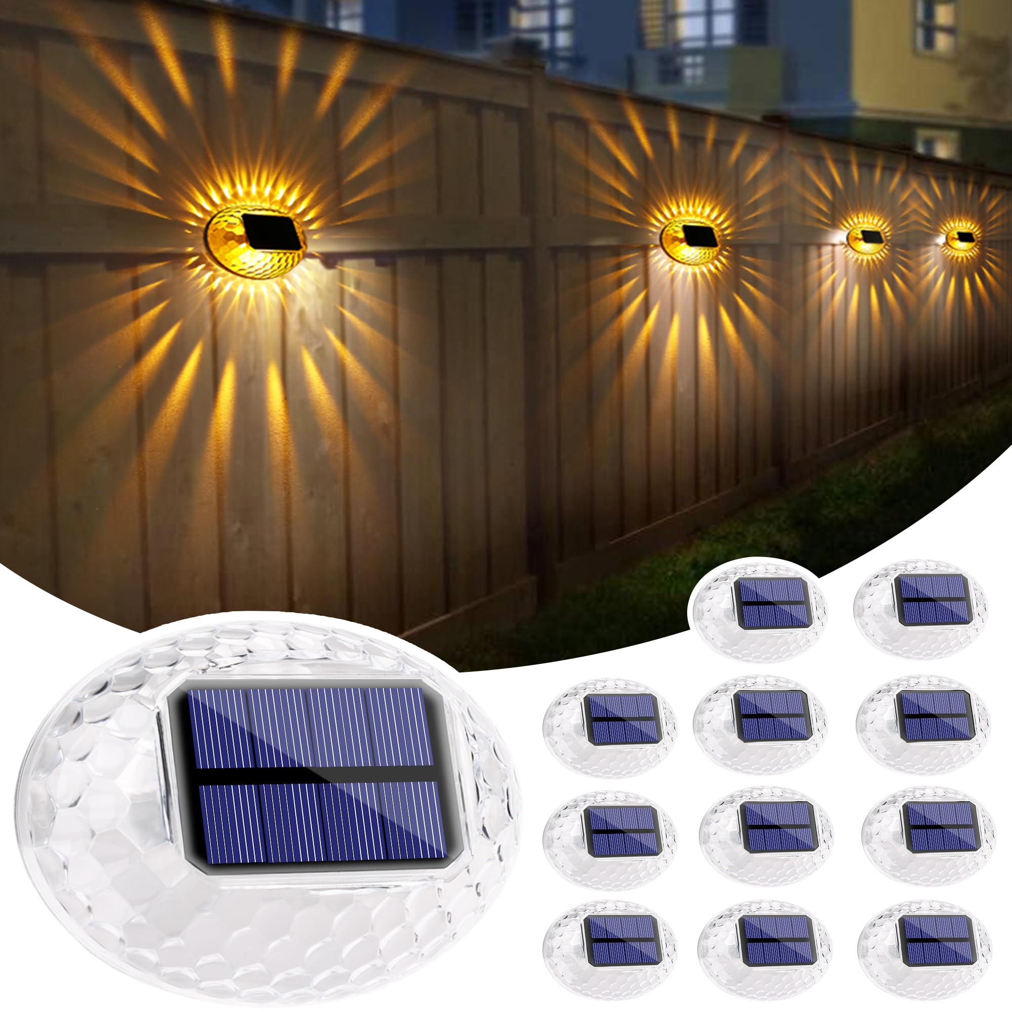 Photo 1 of LYHOPE Solar Fence Lights Outdoor, IP65 Waterproof Solar Light for Outside, 12 Pack Deck Light for Backyard, Railing, Patio, Deck Fence, Stair Railings and Wall (Warm Yellow)