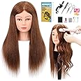 Demides 22-24’’ Mannequin Head with Human Hair, Cosmetology Mannequin Head 100% Real Human Hair, Manikin Head with Stand for Hairdressers Practice Braiding Styling Cutting Dying Styles