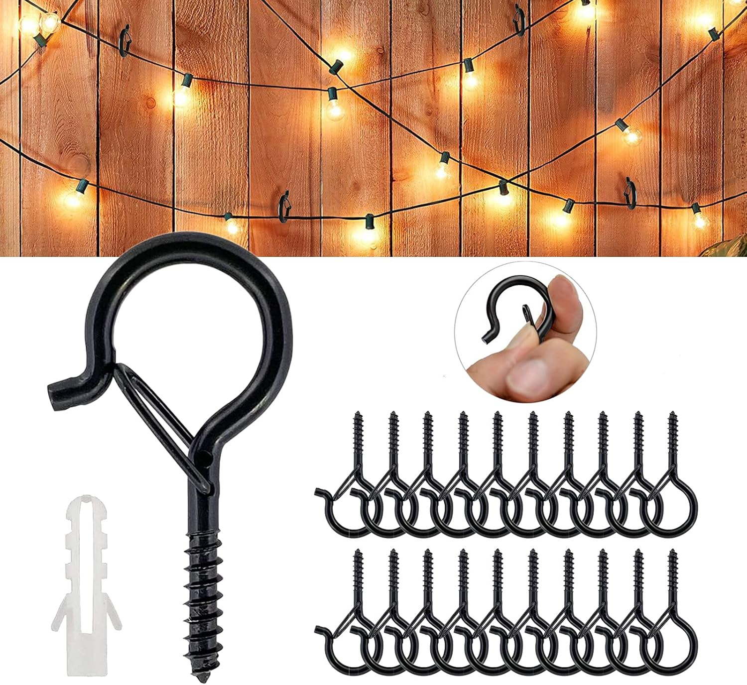 Outdoor Hanging Brackets - COPPATAOPP 20Pcs Ceiling Hooks for Hanging Heavy Duty, Black Vinyl-Coated Screw Hooks for Hanging Plants Led Christmas Outdoor Garden Light, Easy Release Safety Buckle Design Q-Hanger Hooks