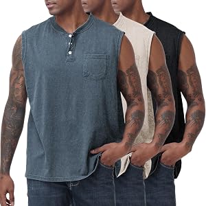 KEEPSHOWING Mens Workout Tank Tops Vintage Sleeveless Henley Shirts Muscle Gym Running Shirts Acid Wash Tops with Pocket