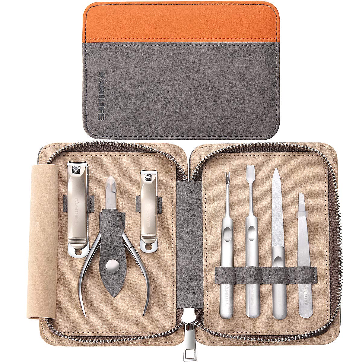 FAMILIFE Manicure Set, 7 in 1 Professional Manicure Pedicure Set Nail Clipper Set, Stainless Steel Professional Grooming Kit with Gray Leather Portable Travel Nail Clipper Set for Men Father : Beauty