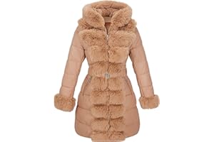 RISISSIDA Women Cold-resistant Winter Fur Lined Coat,Puffer Jacket with Long Fur Trim Hooded,Warm Leather Bubble Overcoat