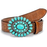 UTOWO Western Cowgirl Belt for Women,Vintage Engraved Tooled Leather Belt Turquoise Cowboy Country Belt