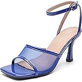 MAIERNISI JESSI Womens Mesh Kitten Heel Sandals Square Open Toe Buckle Ankle Strap Summer Dressy Shoes Royal Blue 39 - US 7.5