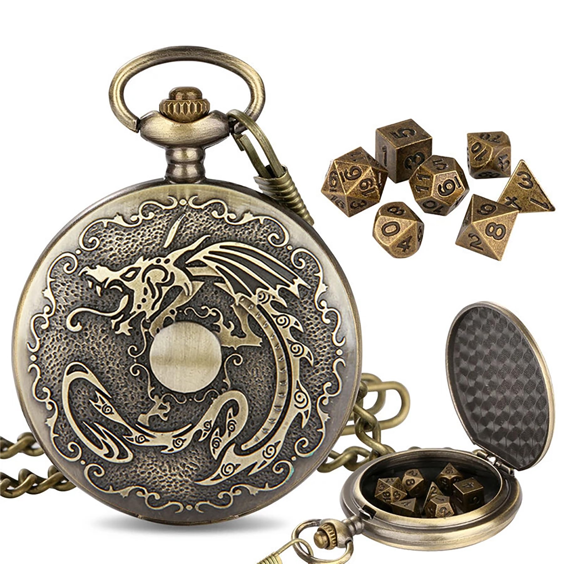 Mini D&D Dice Set with Steampunk Bronze Flying Dragon Pocket Shell Case, 7pcs Polyhedral Metal Dice Set, DND Beginner Set, D&D Player or Dice Collector Xmas Gifts, Role Playing Board Games Accessories