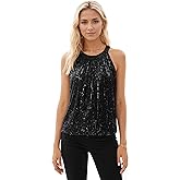 SEVOBA PROM Halter Sequin Tank Tops for Women Sleeveless Sparkly Tops Flowy Glitter Ruched Party Concert Outfit Club Shirt