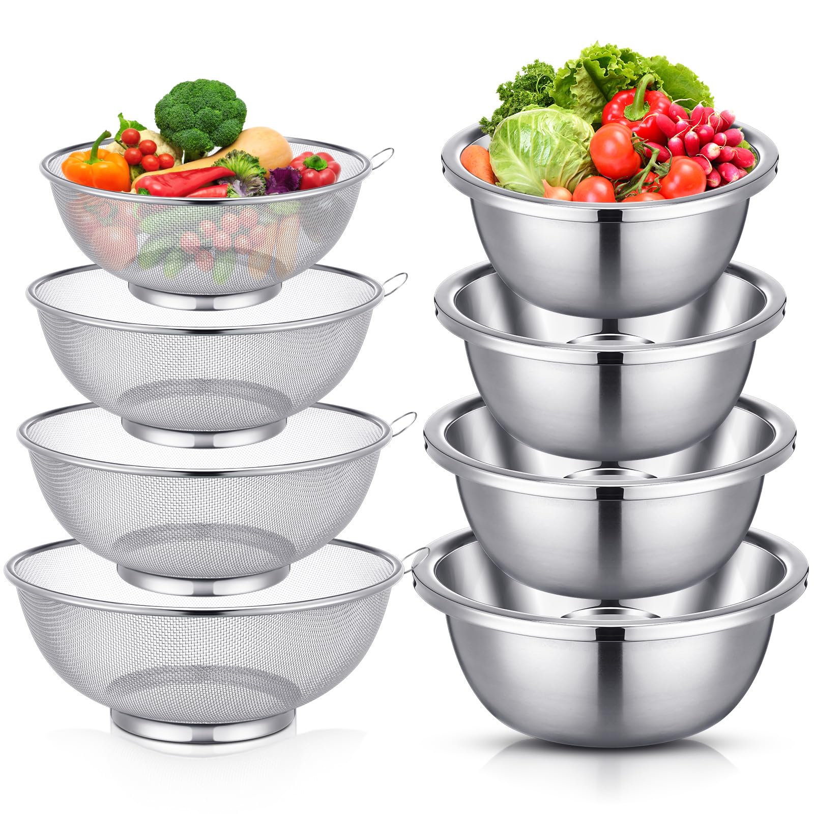 Photo 1 of RimCereal 8 Pcs Stainless Steel Microporous Colander Set with 1.2qt 2qt 3qt 5qt Capacity Strainer with Metal Mixing Bowls, Fruit Cleaning Bowl with Strainer for Draining Pasta Vegetables Meat Kitchen