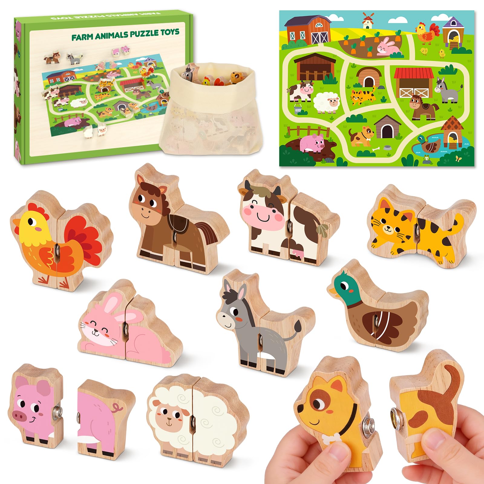 Toys for 1 2 3 Year old Boys Girls, Montessori Matching Puzzles Games Wooden Farm Animal Toys for Toddlers, Birthday Gift Presents for 12 Months Plus Baby Puzzles with Snap Fasteners