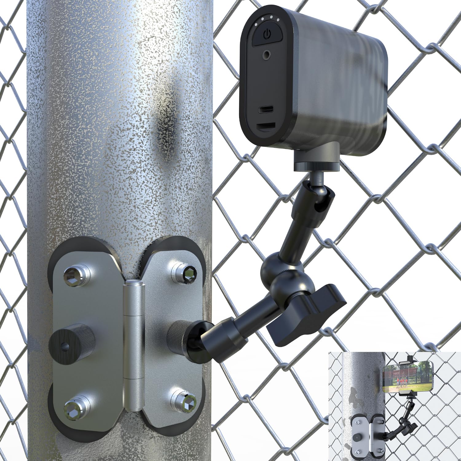 Photo 1 of Magnetic Fence Mount for Mevo Start, GoPro, iPhone and Action Cameras - Two 1/4" Mount Points, Camera Magnet Holder for Game Changer at Baseball Field