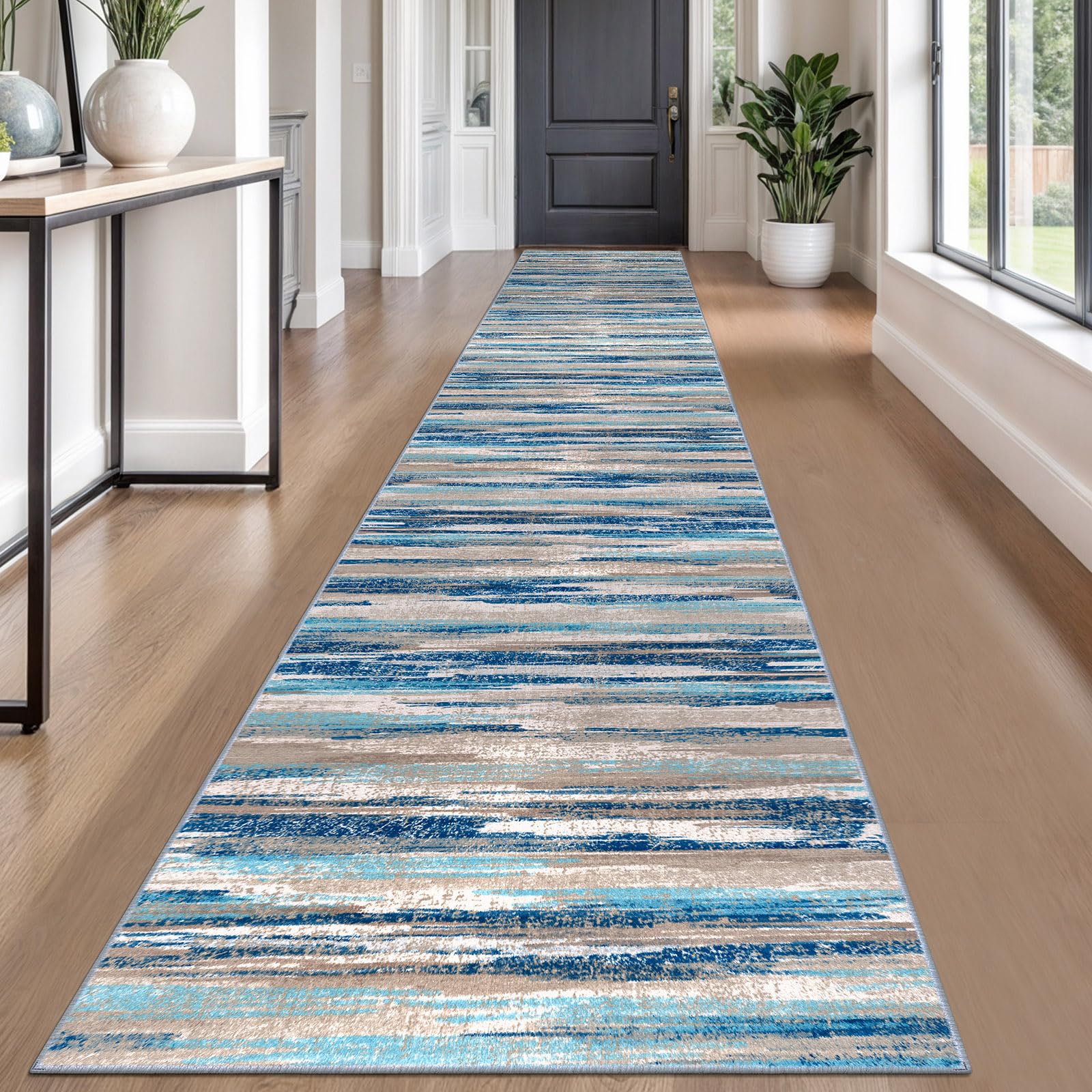 Photo 1 of Lansny Modern Abstract Runner Rug 2.6x18, Blue Washable Long Kitchen Runner Non-Slip Soft Hallway Rug Runner Thin Print Faux Wool Carpet for Entryway Bedroom Laundry Room Indoor Home Decor