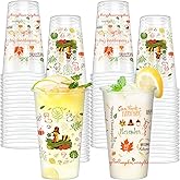 BYMIOYA 50 Pcs Thanksgiving Plastic Cups 16oz Autumn Disposable Fall Party Cup, Pumpkin, Maple leaf, Turkey Disposable Clear Drinking Cup, Suitable for Birthday, Fall, and Thanksgiving Party Supplies