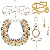 Heliltd 5pcs Egyptian Costume Jewelry Accessories Set for Women Adjustable Head Chain Snake Earrings Beaded Necklace Arm Cuff and Hand Chain Bracelet for Adult Halloween Cosplay Festival