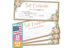 25 4x9 Rustic Floral Gift Certificate Cards Vouchers For Holiday, Christmas, Birthday Holder, Small Business, Restaurant, Spa