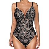 Popilush Lace Body Suits Women Tummy Control Shapewear Bodysuit Deep V Neck Backless Corset Tops Thong Body Shaper