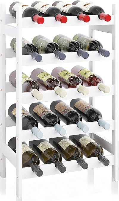 SMIBUY Bamboo Wine Rack 20 Bottles 5-Tier Free Standing White