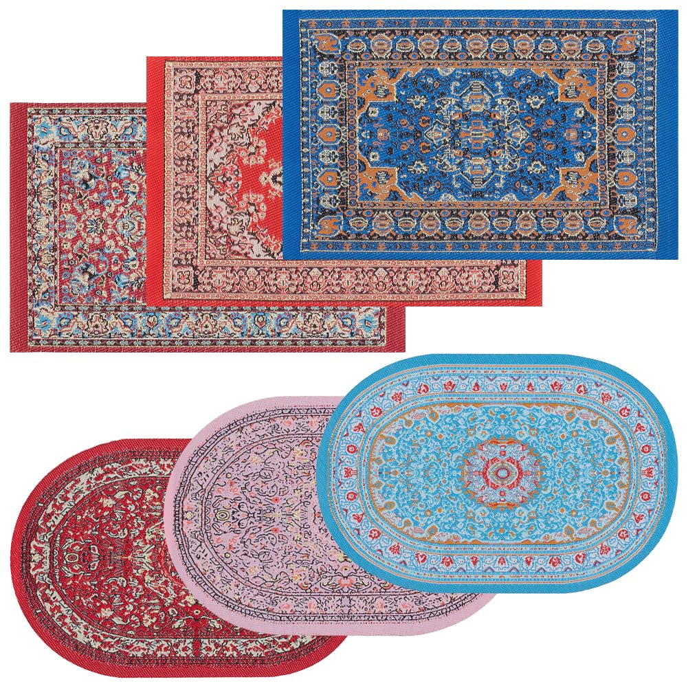 FINGERINSPIRE 6Pcs Miniature Rugs for Dollhouse 2Styles Floral Print Vintage Woven Rugs Cloth Carpet Miniature Ornaments Rectangle & Oval Mini Floral Print Carpet for Dollhouse Furniture Decoration