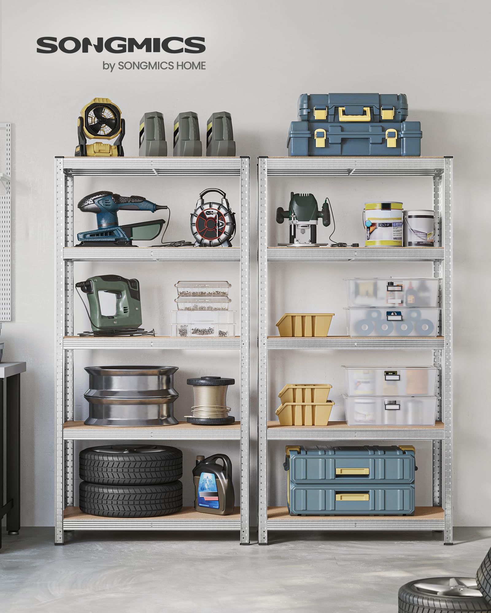 SONGMICS Schwerlastregal, 2er Set, Kellerregal, Lagerregal, 40 x 90 x 180 cm, Regal mit Stahlgestell, jeweils bis 875 kg belastbar, 5 verstellbare Ablagen, silbern GLR040E02 2