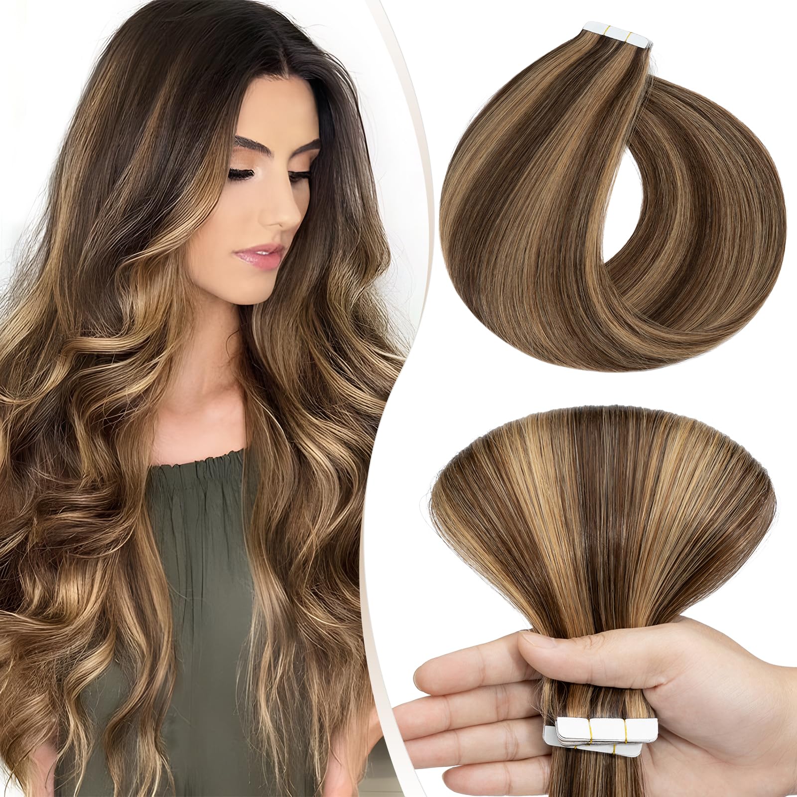 Elailite Tape in Hair Extensions Human Hair Real Human Hair 10 Pcs Invisible Thin Type - Seamless Skin Weft Remy Hair Extension (#4/27 Medium Brown Mix Dark Blonde, 20 Inch-15g) — image 1