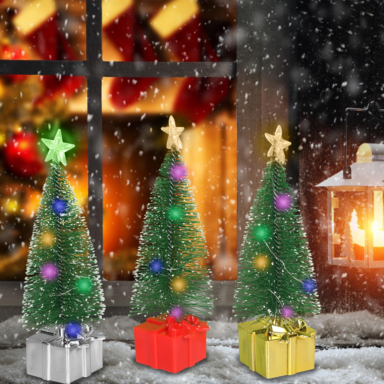 3Pcs Mini Cedar Christmas Tree With LED Lights Table Top Artificial Christmas Trees Decoration, Miniature Christmas Trees Xmas Artificial Table Tree with Lights for Home Office Desktop Christmas Tree