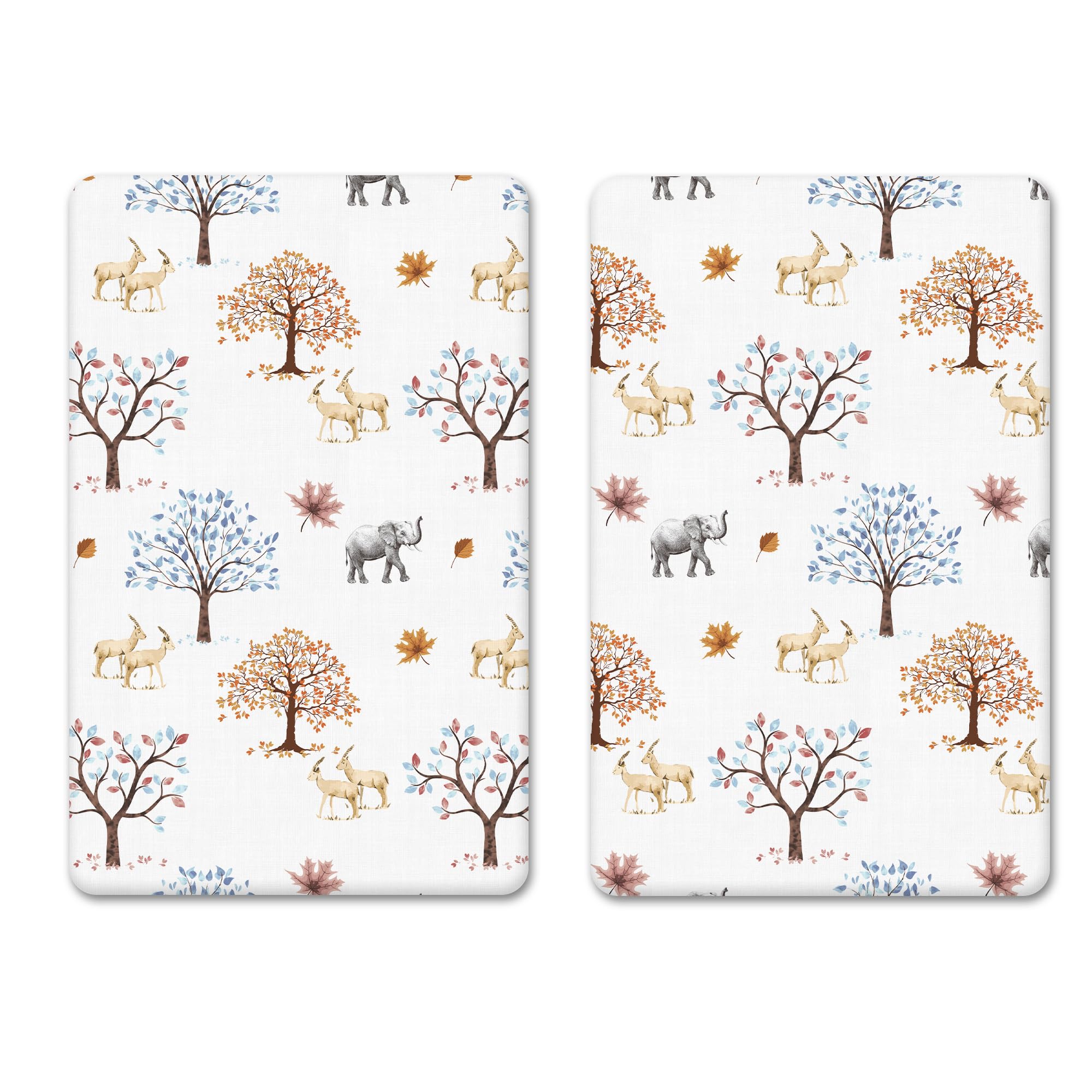2 Pcs Crib Fitted Sheets - 100% Pure Cotton, High Thread Count, Soft & Durable (Trees & Animals, 83-85 x 50-51 cm)