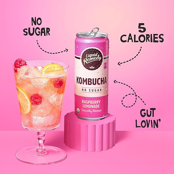 LIQUID REMEDY KOMBUCHA SUGAR FREE ORGANIC DRINK, LOW CALORIE, PROBIOTIC LIKE TEA FOR GUT HEALTH – RASPBERRY LEMONADE – 8.5 FL OZ CAN, 12-PACK