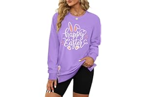 Easter Sweatshirts for Women Cute Bunny Rabbit Graphic Sweatshirt Happy Easter Long Sleeve Side Split Tops