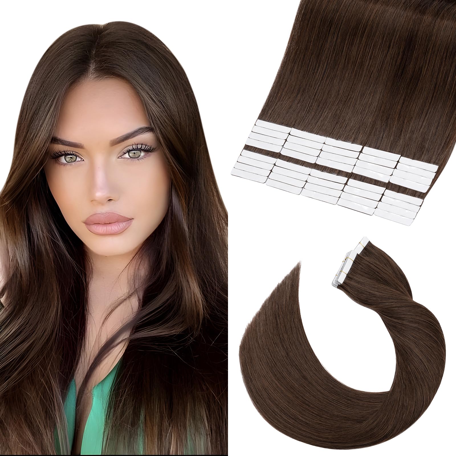 Elailite Tape in Hair Extensions Human Hair 40pcs - 100% Real Remy Human Hair Straight (#4 Medium Brown, 20 Inch-100 G)