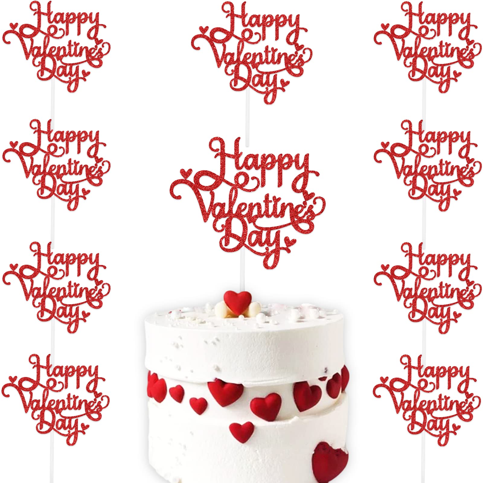 Photo 1 of 10pcs Happy Valentines Day Cake Topper Red Glitter Cake Topper Valentine's Day Cupcake Topper Heart Shaped Cake Picks Cake Accessories for Wedding Valentine's Day Gifts Cake Decoration Party