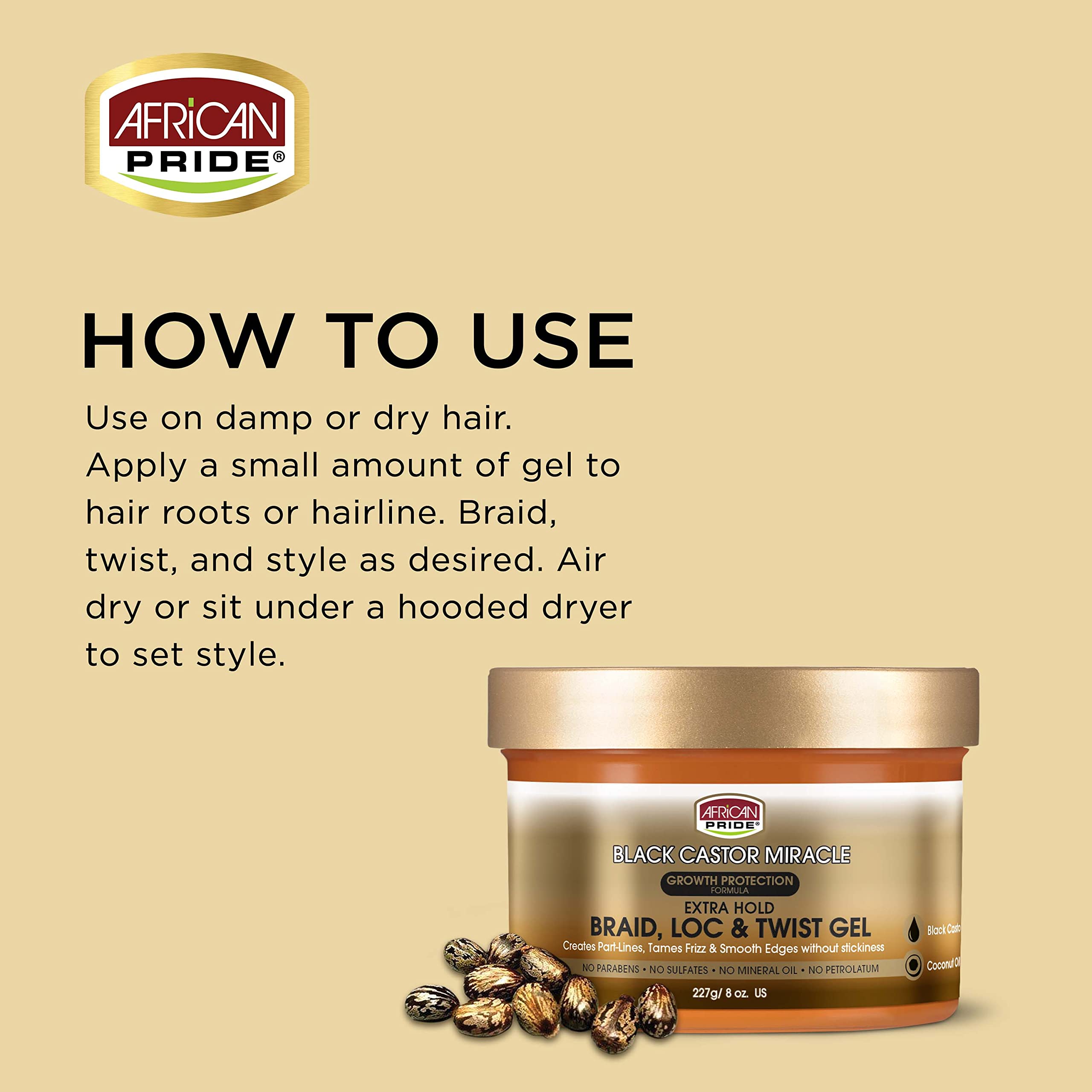 African Pride Black Castor Miracle Extra Hold Braid, Loc, Twist Gel - Extreme Hold Braiding Hair Gel, Edge Control & Tames Frizz, No Flake | Natural Ingredients, Coconut Oil | 8oz