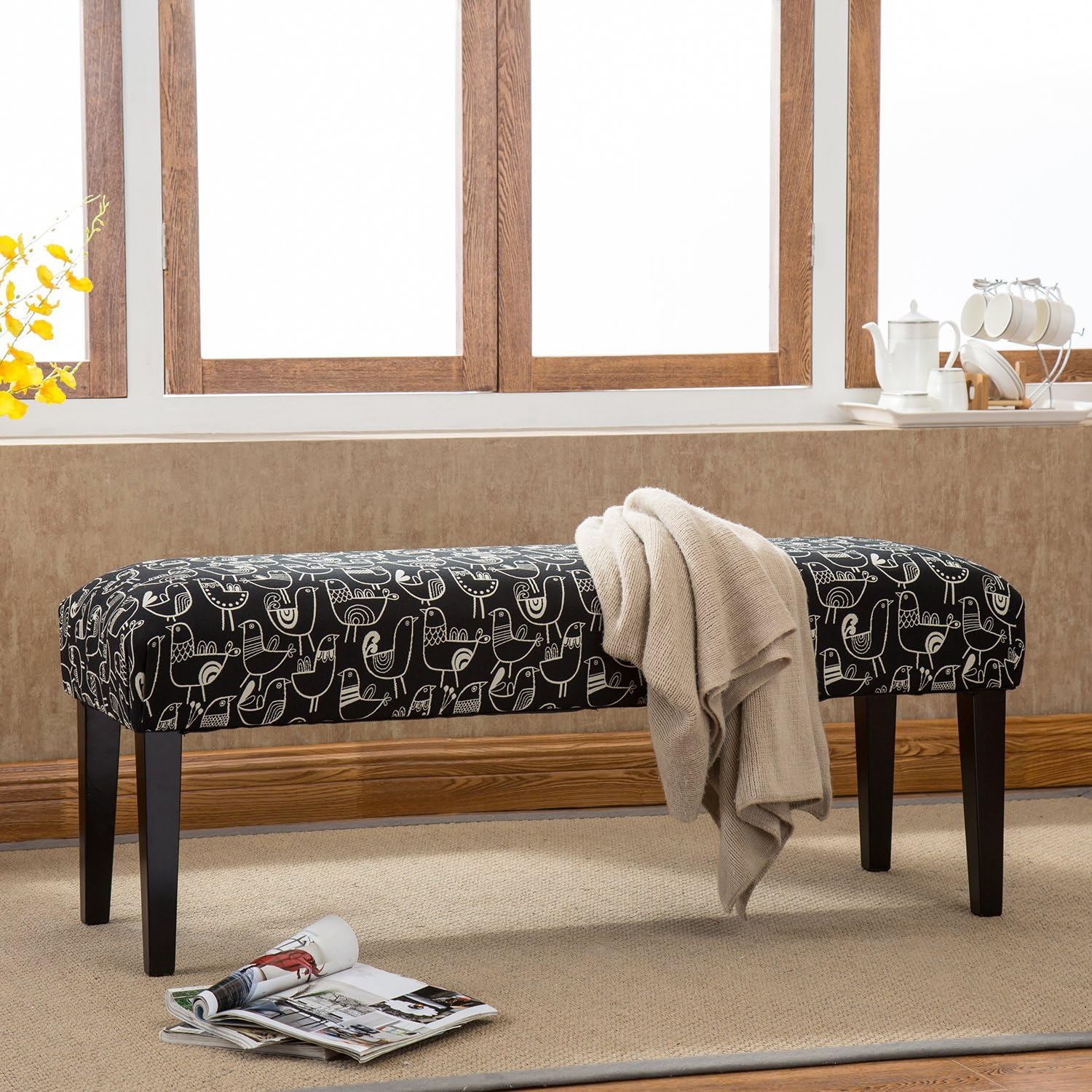 AZUFI 48 Inch Upholstered Panel Bench for Bedroom | Living Room | Entryway, Cartoon Birds Black Fabric and Black Wood Leg