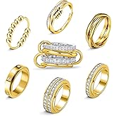 LOFITOR Gold Fidget Rings for Anxiety 7pcs Stainless Steel Spinner Ring Anti Anxiety Ring Spinning Moon Star Evil Eye Cool Stress Relieveing CZ Fold Rings for Women Men