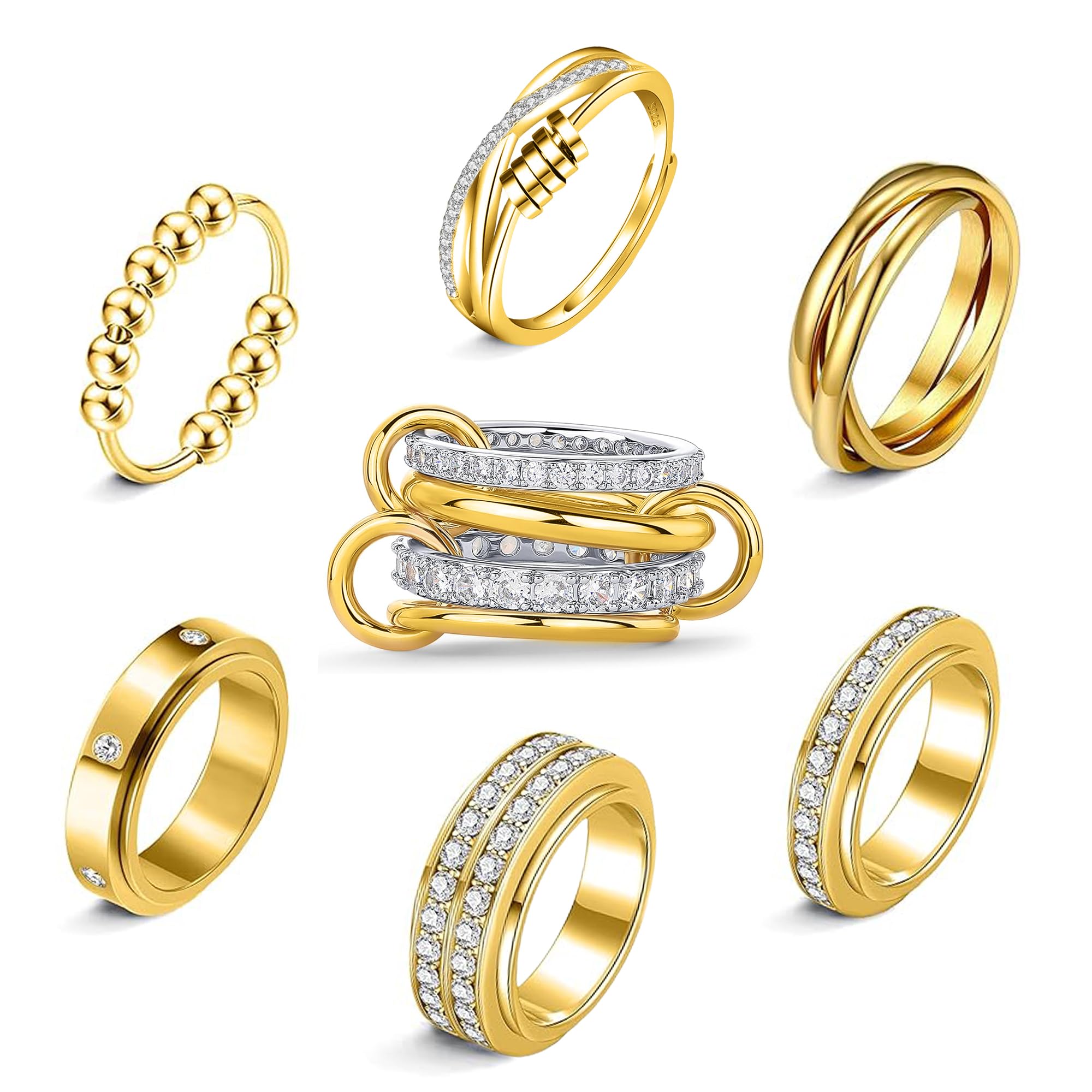 LOFITOR Fidget Rings for Anxiety 7pcs Stainless Steel Spinner Ring Anti Anxiety Ring Spinning Interlocking Cool Stress Relieveing CZ Fold Rings for Women Men Band Rings Set CZ Gold — image 1