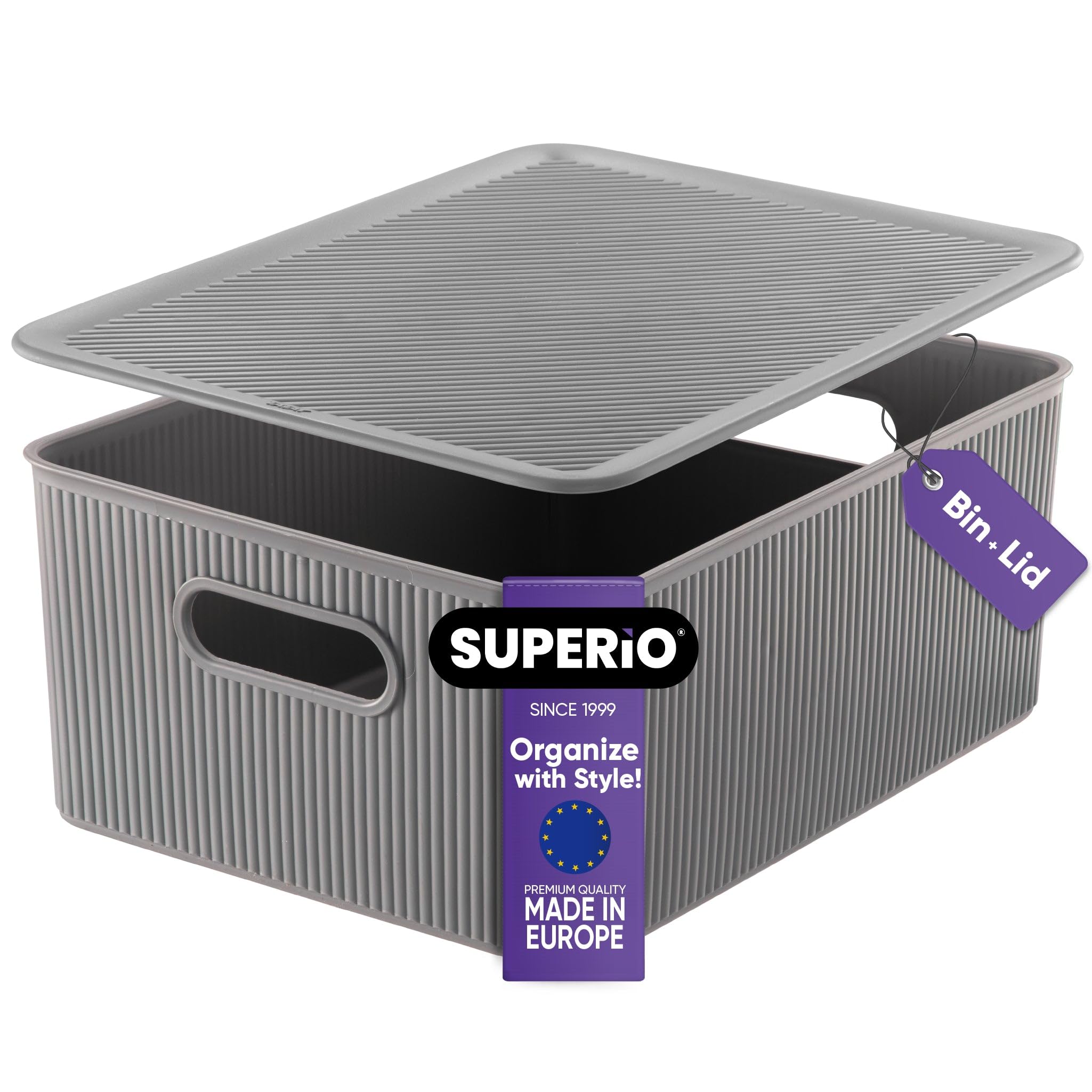 Photo 1 of Superio Ribbed Collection - Decorative Plastic Lidded Home Storage Bins Organizer Baskets, Large Grey (1 Pack - 15 Liter) Stackable Container Box, for Organizing Closet Shelves Drawer Shelf