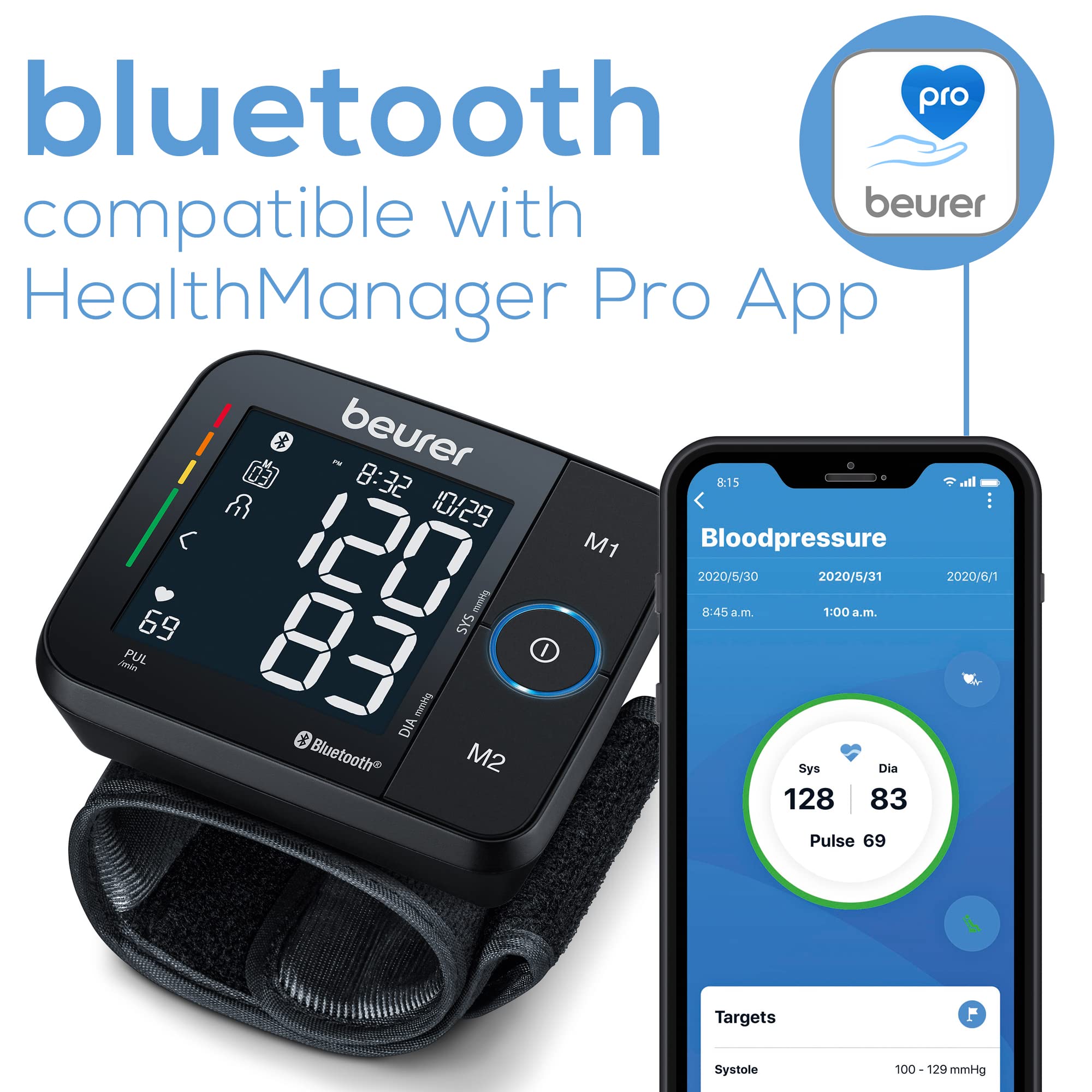 Beurer BC54 Wrist Blood Pressure Monitor with Bluetooth, Irregular Heartbeat Detector, Risk Indicator, Accurate Large Display, and Travel Case, Wrist Cuff up to 120 Memory Sets
