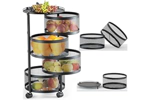 HOYRR Rotating Storage Rack for Kitchen, 4 Tier Fruit and Vegetable Storage for Kitchen Rotating Storages Rack with Wheels, Cart Space Saver Potatoes Fruit Basket, Black