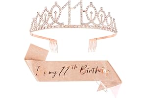 CIEHER 11th Birthday Crown + Sash + Pearl Pin Set, It's My Birthday Sash, 11th Birthday Tiara, Birthday Decorations & Gifts
