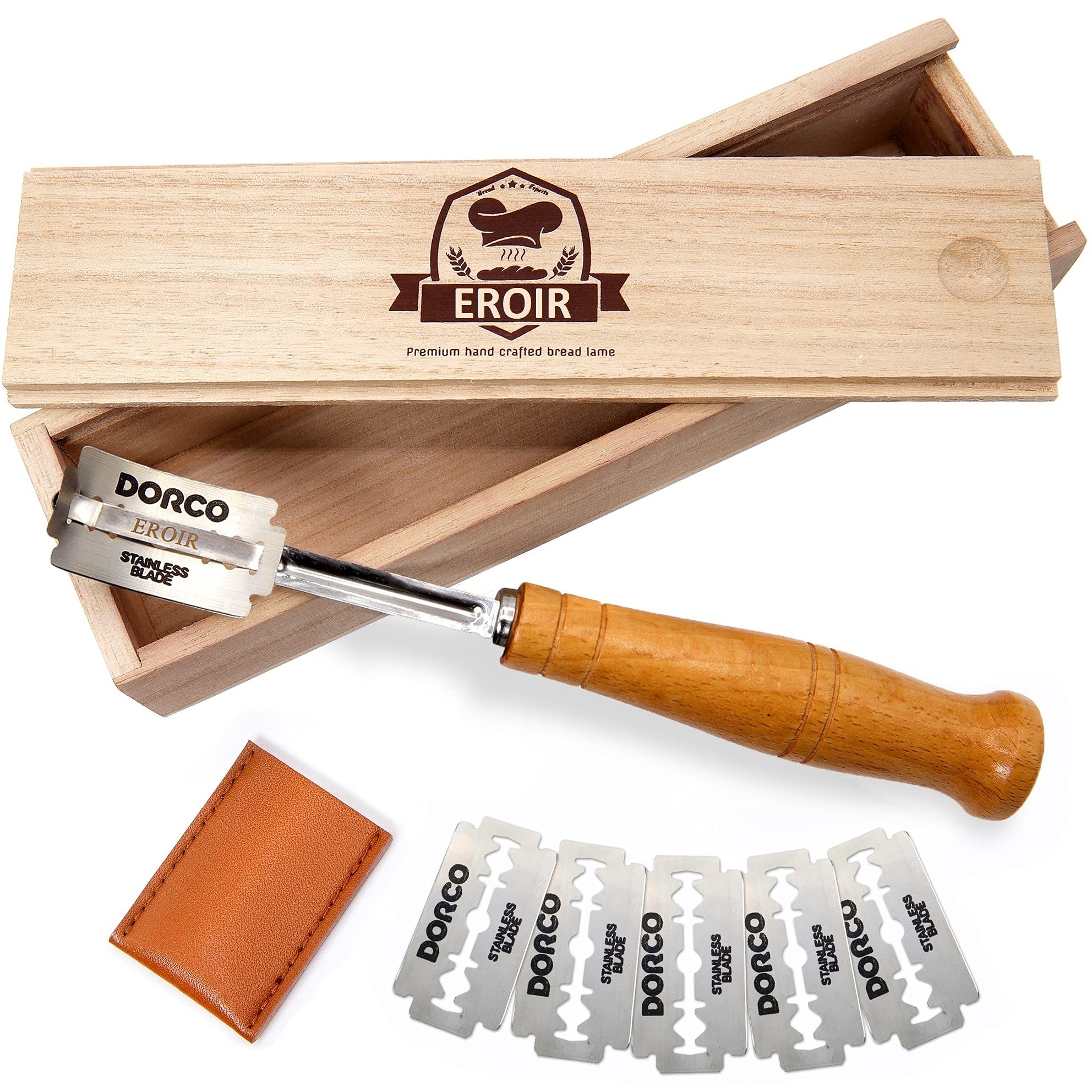 EROIR Bread Lame Tool in Wooden Storage Box - Dough Scorer with 5 Razor Blades and Leather Cover - Bakers Scoring Knife for Beautiful Artisan Sourdough Breads