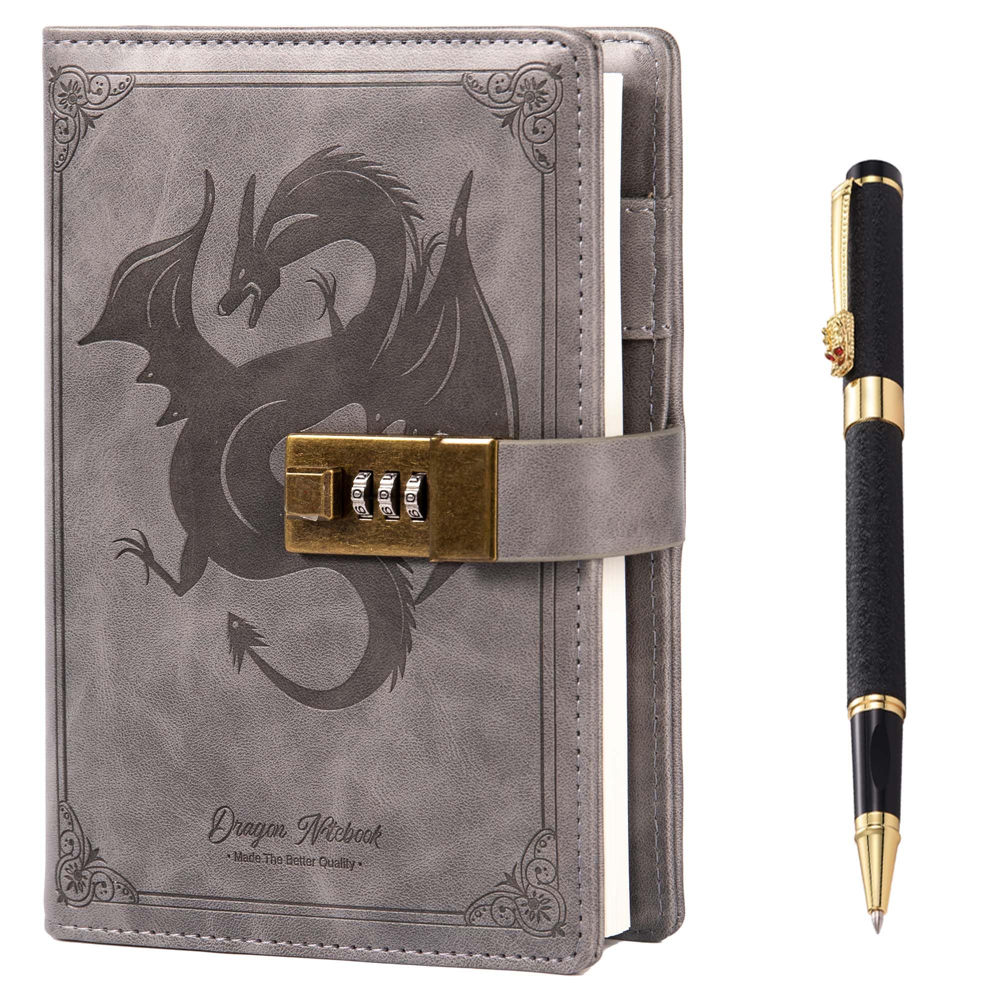 Dragon Leather Journal with Pen, Diary with Combination Lock, Lined/Blank Paper Notebook, B6 Writing Journals Stationery (Gray)