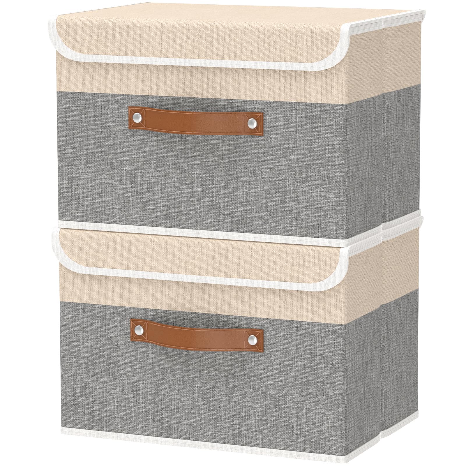 OUTBROS 38x25x25cm Collapsible Storage Box with Lid, Linen Fabric Clothing Shelf Basket Bins Box For Towels, Clothes 45x30x30 cm (Beige/Grey, 2-Pack)