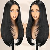 NOSTALGIA Black Wear and Go Glueless Wigs Straight Lace Front Wig Pre Cut Glueless Synthetic Layered Wig 24 Inch Middle Part 