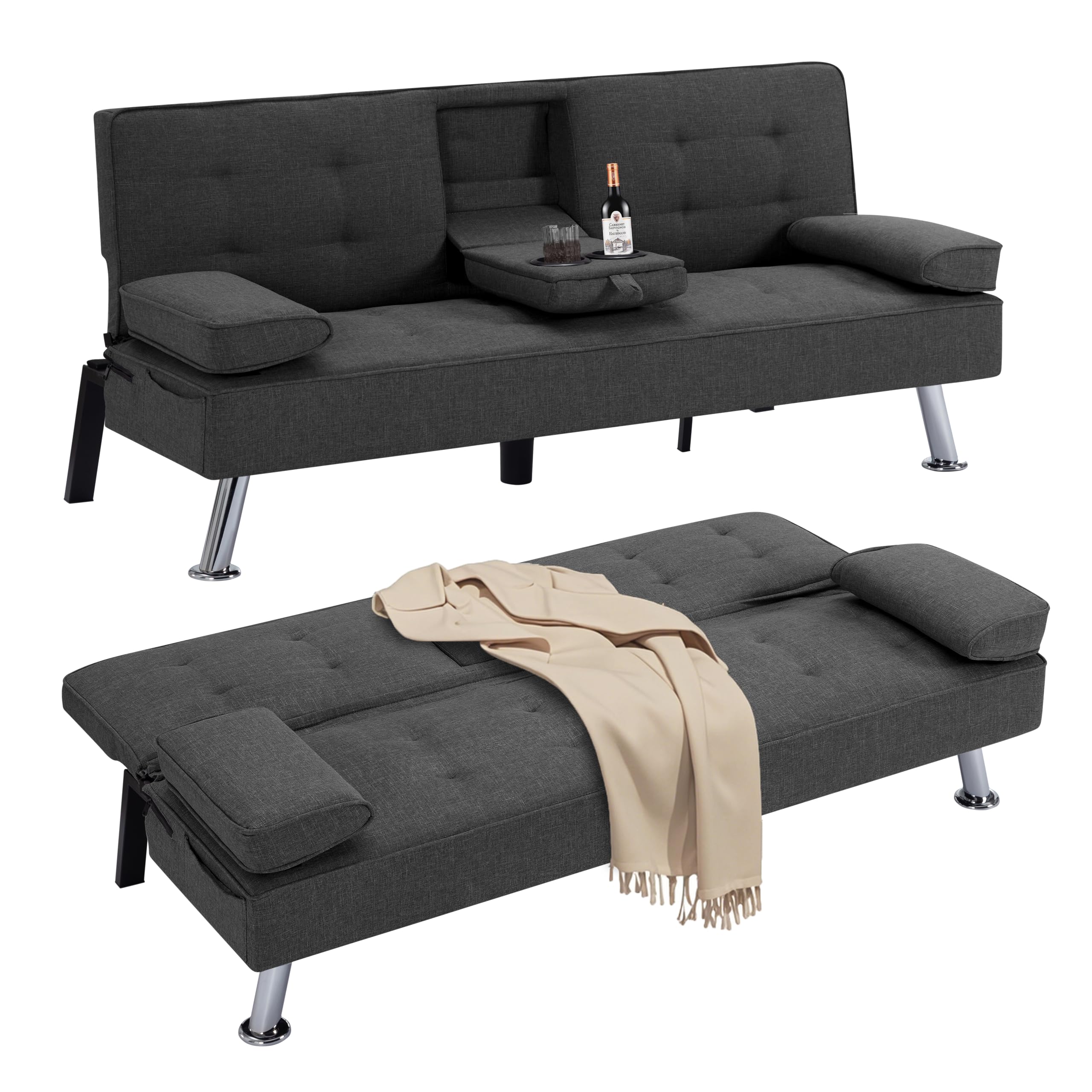 Photo 1 of Folding Futon Loveseat Sofa Bed with Cup Holders -Linen Upholstered Convertible Sleeper Couch Recliner Reversible Lounge Sofabed Daybed with Removable Armrests , Metal Legs for Living Room Apartment
