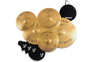 Starfavor Low Volume Cymbal Pack Mute Cymbal Set with Cymbal Mute Pads, 14"hi-hat/16"crash/18"crash/20"ride Practice Cymbals for Drummers, with Cymbals Bag, Golden, MC-520G