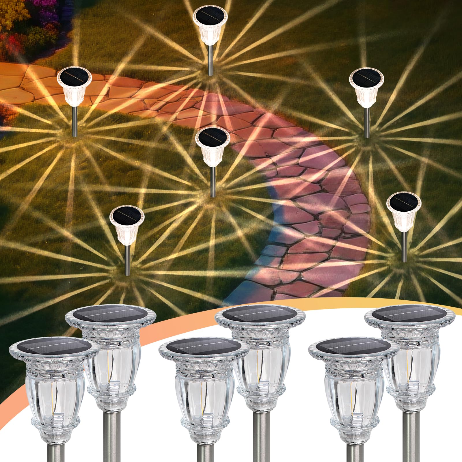 Photo 1 of Solar Pathway Lights Outdoor 6 Pcs, Warm White Incandescent Solar Garden Lights, 17.5" Waterproof & Solar Powered Outdoor Lights, Glass and Stainless Steel Tungsten Walkway Light, Driveway Lawns