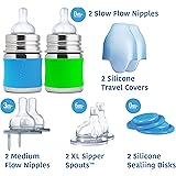 Pura Stainless Starter Gift Set with 5 oz/150 ml Stainless Steel Infant Bottles (2) Silicone Slow-Flow Nipples (2), XL Sipper Spouts (2) Sealing Disks (2), Travel Covers (2), Sleeves (2) - Aqua