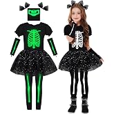 AOTHSO Halloween Girls Skeleton Costume Glow In The Dark Tutu Onesie Dress Sleeves Leggings Face Cover Hair Clips for Kids