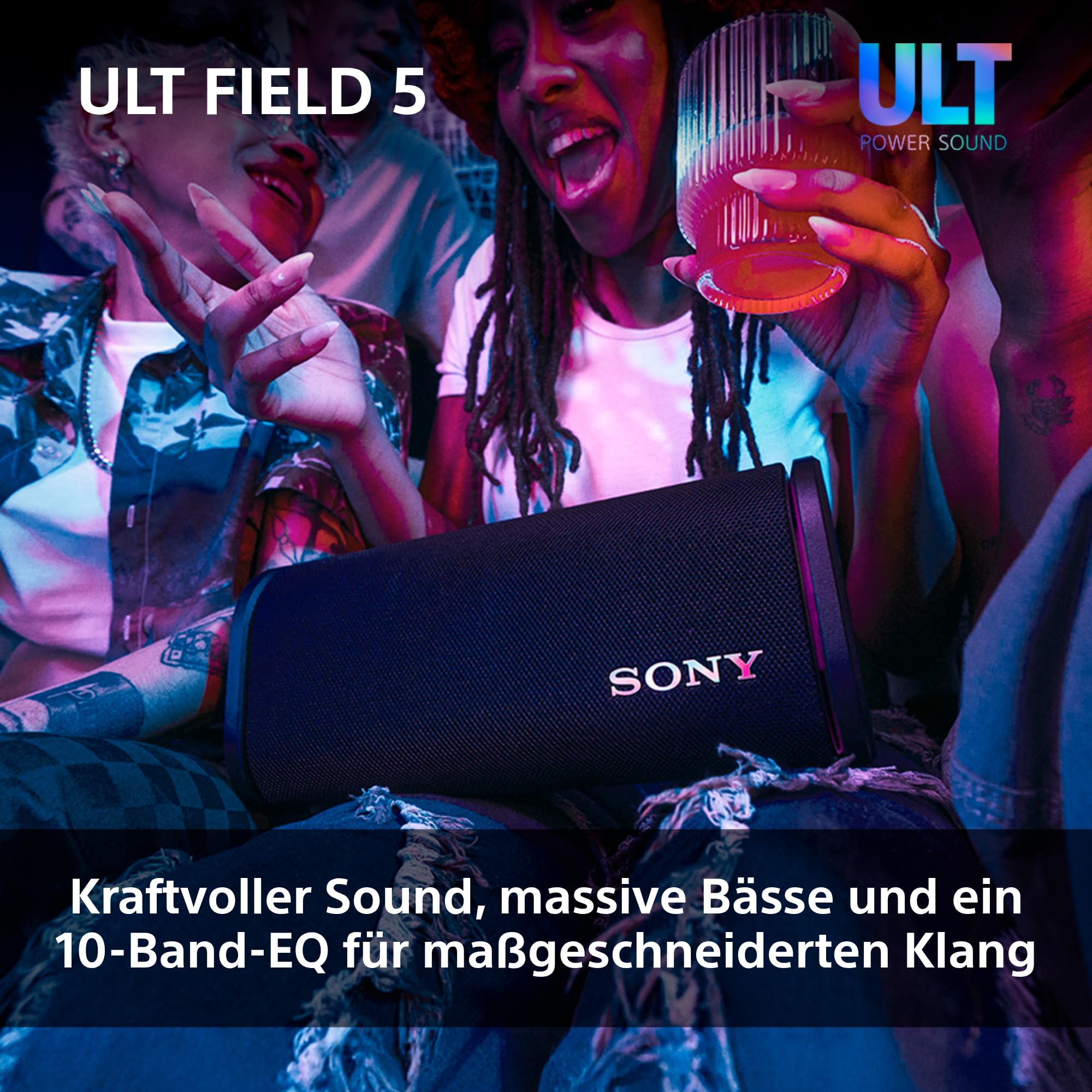 Sony ULT Field 5 - Leistungsstarker tragbarer Bluetooth-Lautsprecher, 25-Stunden-Akku, 2 x ULT Power Sound Modi, IP67, wasserdicht, staubdicht, 360° Lichter, Abnehmbarer Schulterriemen - Schwarz 3